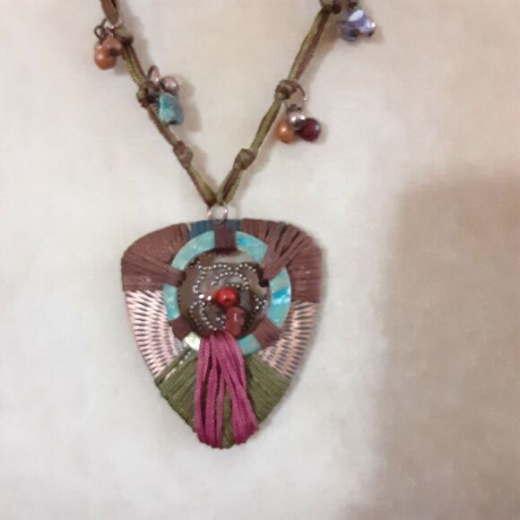 Multimedia Boho tribal shield style 2" pendant necklace multicolor  20" long - Picture 1 of 3